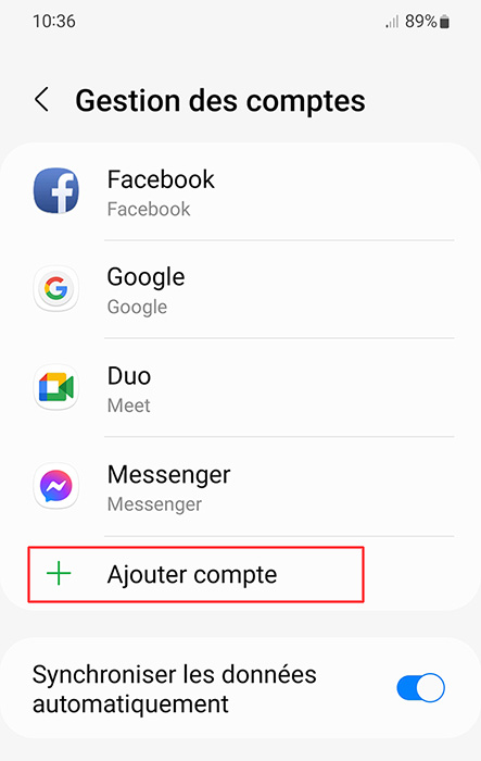 Accéder au menu d’ajout de compte Google