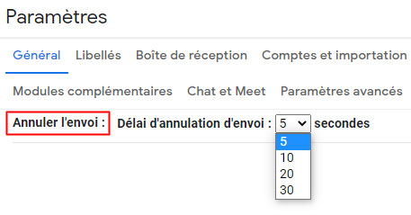 Comment paramétrer la durée d’annulation de l’envoi d’un mail ?