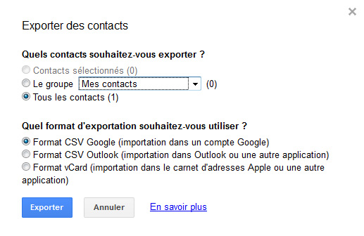 Exporter des contacts dans votre compte Gmail