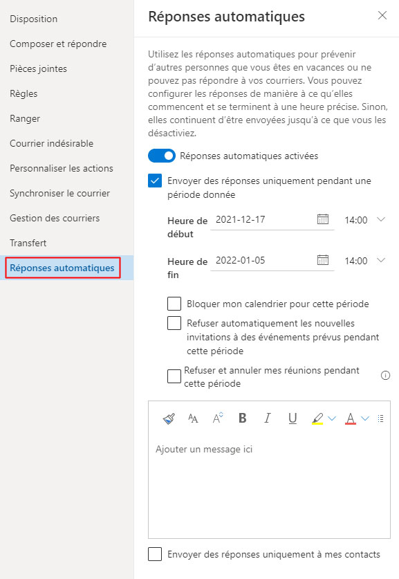 Comment notifier une réponse automatique d'absence dans la messagerie Outlook sur le web ?